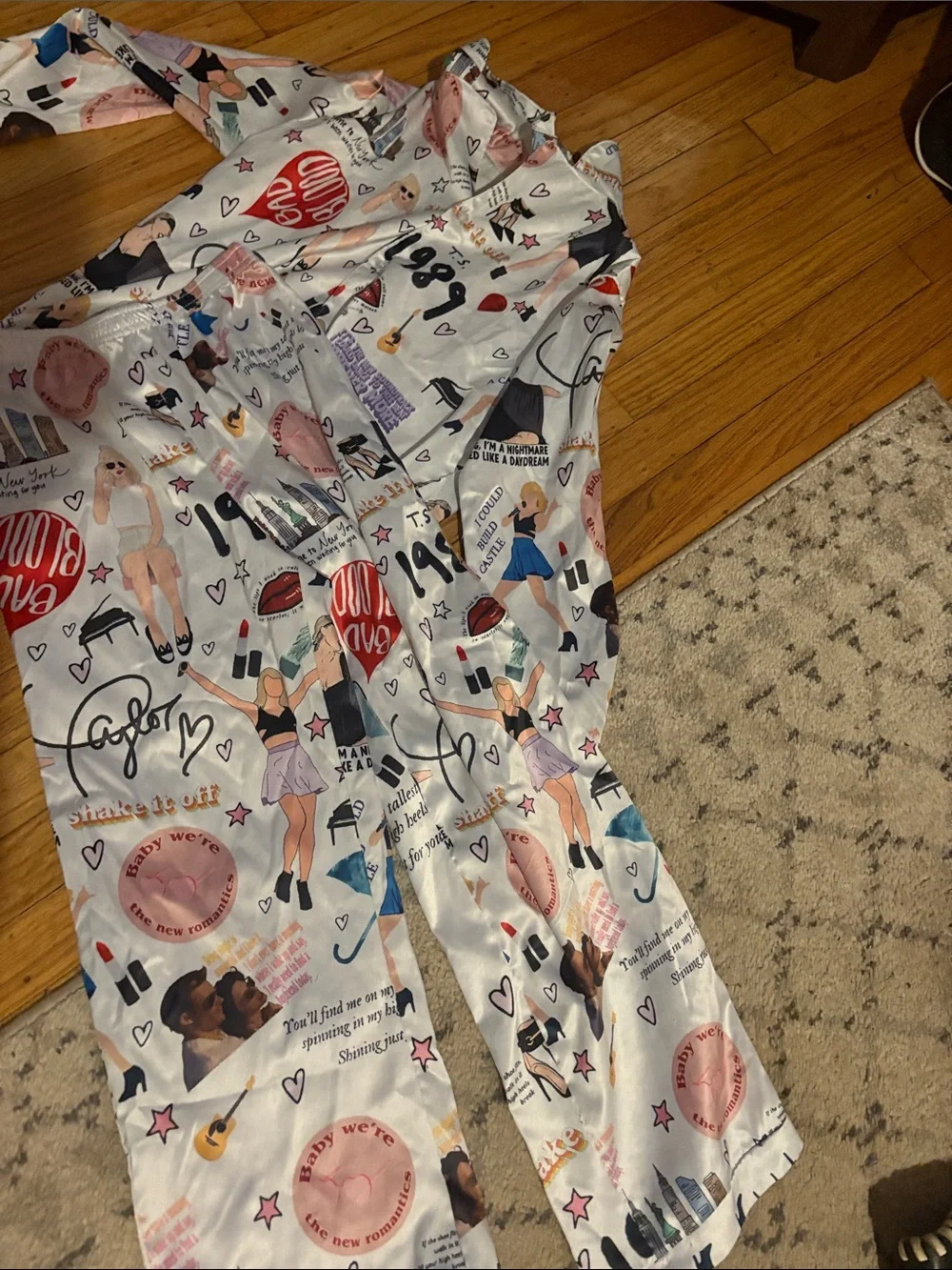 Kids Satin Taylor Swift Pajama Set in White featuring her eras